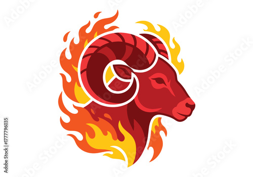Minimal flat Aries zodiac badge with flame strokes radiating outward, symbolizing fire energy and passion. Solid vivid colors, no gradients
