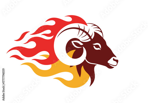 Minimal flat Aries zodiac badge with flame strokes radiating outward, symbolizing fire energy and passion. Solid vivid colors, no gradients