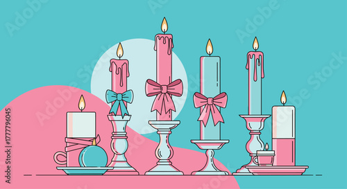 Charming illustration of lit candles in pastel pink and blue, adorned with decorative bows and set on elegant holders against a dual-tone background.