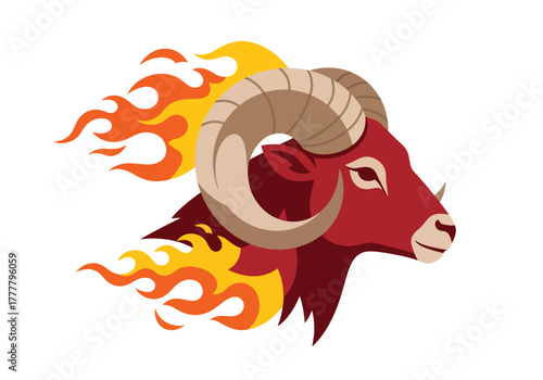 Minimal flat Aries zodiac badge with flame strokes radiating outward, symbolizing fire energy and passion. Solid vivid colors, no gradients