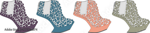 Four stylish ankle boots with decorative patterns in purple, teal, coral, and sage green, offering a fashionable footwear collection