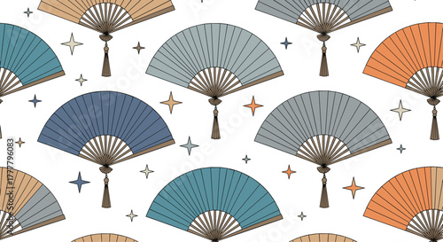 A charming seamless pattern showcasing traditional Japanese folding fans in a soft pastel color palette, complemented by tiny stars on a white background.