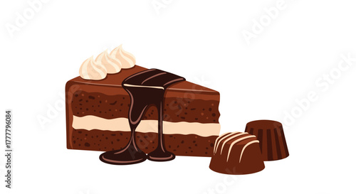 A tempting slice of chocolate cake with creamy white frosting, dark chocolate syrup, and two gourmet chocolate candies for a sweet treat.
