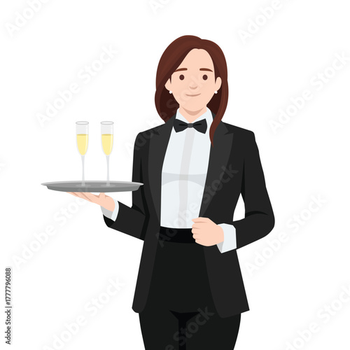 Elegant Female Waiter Serving Champagne Flutes. Flat vector illustration isolated on white background