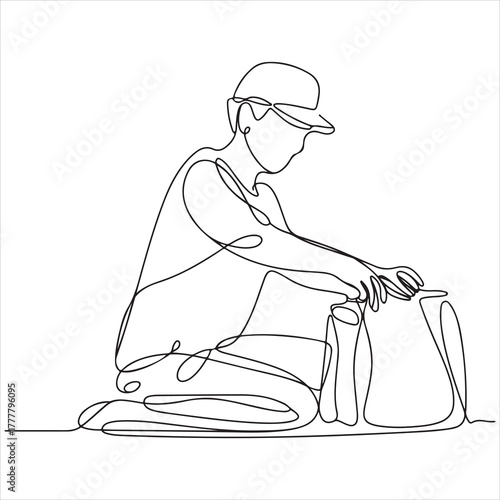 One continuous line art illustration showing a young traveler with a cap carefully packing a rucksack for a new trip