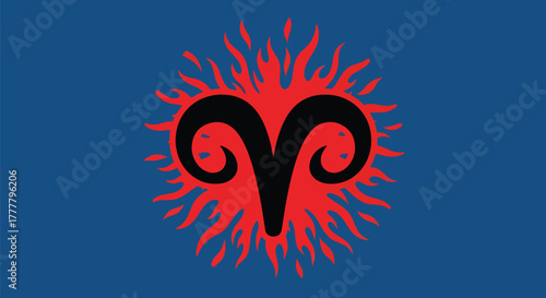 Minimal flat Aries zodiac badge with flame strokes radiating outward, symbolizing fire energy and passion. Solid vivid colors, no gradients