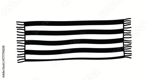 A simple, hand-drawn illustration featuring a black and white striped rug or mat with decorative fringe on a clean white background.