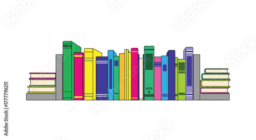 A vibrant and diverse collection of books in various sizes, neatly arranged on a simple shelf with stacked books on each end.