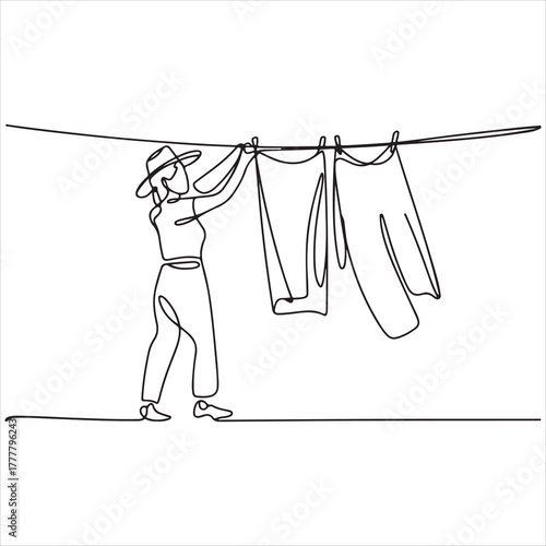 One line art of a woman doing laundry, hanging clothes to dry on a clothesline. Simple minimalist domestic life illustration