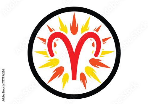 Minimal flat Aries zodiac badge with flame strokes radiating outward, symbolizing fire energy and passion. Solid vivid colors, no gradients