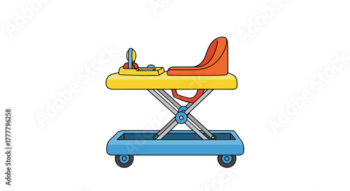 An illustrated baby walker in yellow, orange, and blue, with a seat, tray, and toys, designed to assist infants in learning to walk.