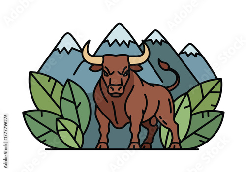 Flat vector of Taurus bull with mountain and leaf symbols representing earth, stability, and determination. Solid natural colors, clean shapes