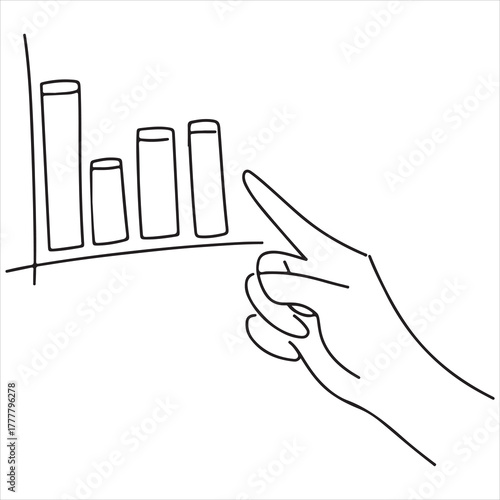 A hand pointing to column charts suggesting analysis, performance or achievements in a minimalist style