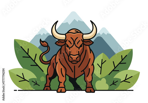 Flat vector of Taurus bull with mountain and leaf symbols representing earth, stability, and determination. Solid natural colors, clean shapes