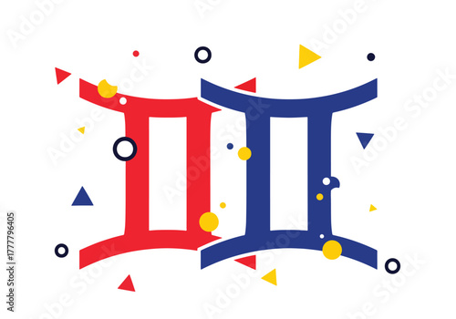 Flat split-color Gemini symbol badge representing dual energies and versatility. Solid bold color blocks, clean icon style