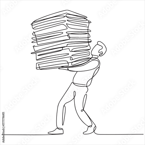 Continuous line art of an individual carrying a massive stack of papers, symbolizing overwhelming tasks