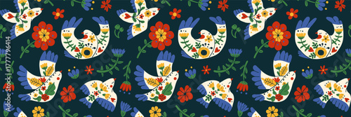 Retro spring seamless pattern with Scandinavian birds and folk flowers.