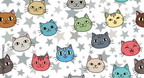 A vibrant seamless pattern of cute cartoon cat faces with diverse expressions, playfully scattered among decorative grey stars on a clean white background.