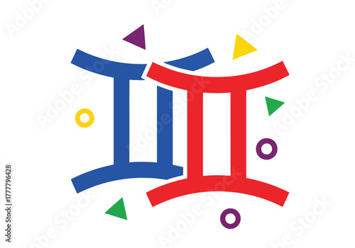 Flat split-color Gemini symbol badge representing dual energies and versatility. Solid bold color blocks, clean icon style