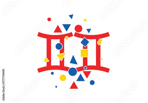 Flat split-color Gemini symbol badge representing dual energies and versatility. Solid bold color blocks, clean icon style