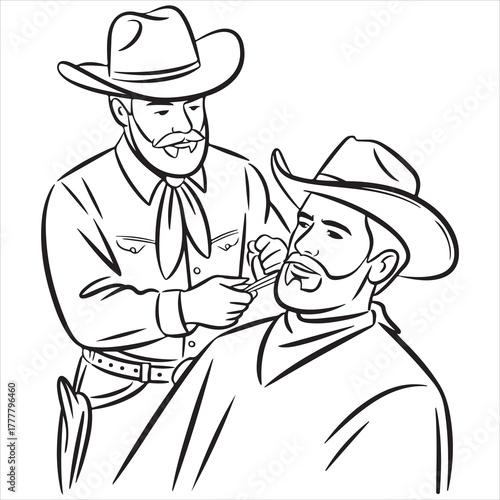 Vampire cowboy barber giving a close shave with a straight razor to a western man in a chair