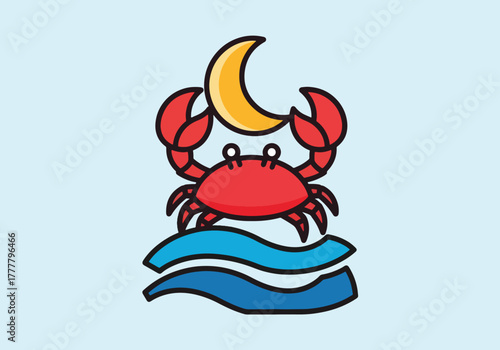 Flat vector of Cancer crab holding crescent moon with soft water shapes, expressing emotion, intuition, and nurturing energy