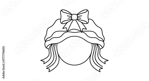 A simple line art illustration of a girl's head wearing a bonnet with a large bow and flowing ribbons, perfect for a coloring page or craft.