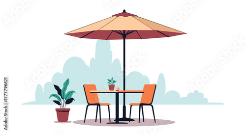 Outdoor cafe setting with a table, two chairs, a large umbrella, and potted plants for a peaceful leisure scene.