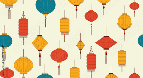A vibrant, seamless pattern featuring an array of traditional Asian lanterns in various shapes and warm colors, perfect for festive designs.