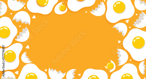 Frame of fried eggs and cracked eggshells on a vibrant orange background, perfect for breakfast themes.