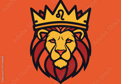 Flat Leo symbol inside a royal crown emblem expressing confidence and presence. Solid bold colors, no gradients