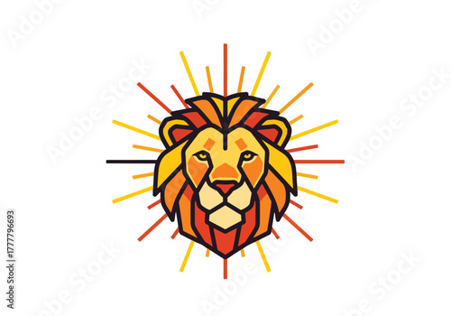Flat vector of Leo lion with sun rays, symbolizing strength, pride, and confidence. Bold shapes, solid warm colors, no gradients