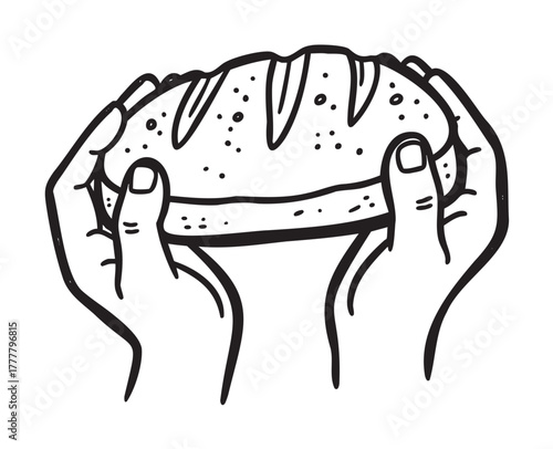 Black outline drawing of two hands holding a simple loaf of bread with decorative patterns on the crust.