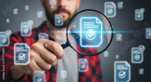 Document Verification Scan: Man Holding Magnifying Glass Highlighting a Checked Digital File for Authenticity and Regulatory Compliance