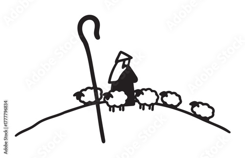 Black outline drawing of a shepherd with a staff standing among sheep on a hill, wearing a hat and robe.
