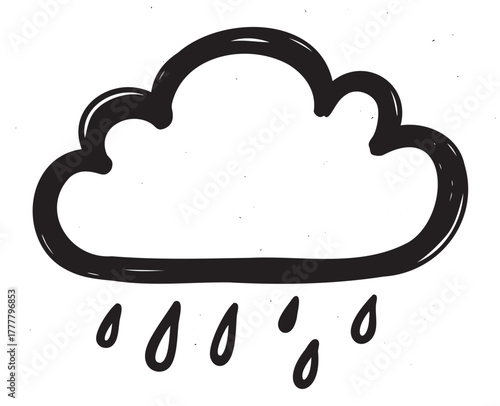 Black outline drawing of a simple cloud with falling raindrops, symbolizing rain and weather concepts.