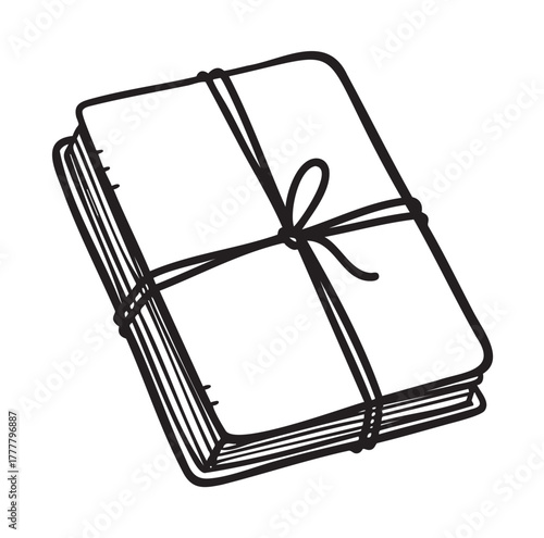 Black outline icon of a closed stack of books tied with a ribbon bow, representing organization and gifting concepts.
