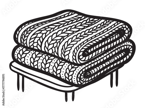 Black and white illustration of a neatly folded, intricately patterned blanket on a simple stool, emphasizing its detailed knit design.