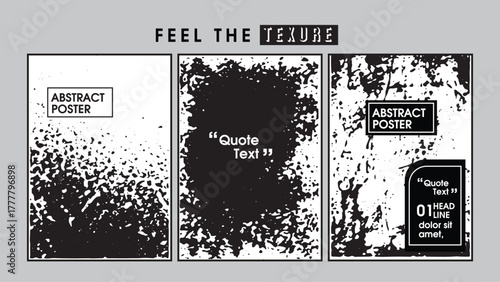 Three abstract black and white grunge poster designs with text placeholders vector illustration
