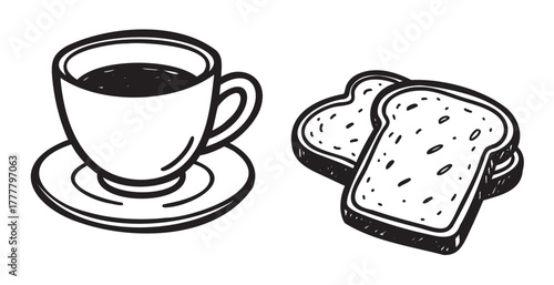 Black outline drawing of a coffee cup on a saucer next to two slices of bread. simple linear sketch for breakfast and beverage themes.