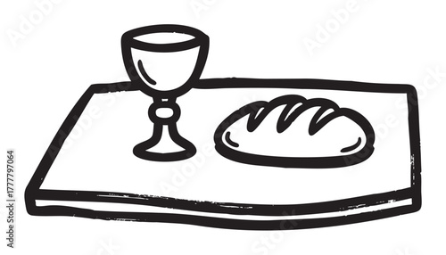Black outline drawing of a loaf of bread next to a small chalice on a wooden board, suggesting a simple meal or symbolic communion setup.