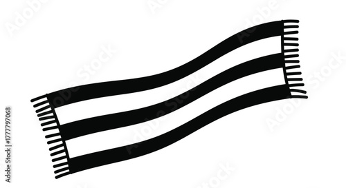 Simple illustration of a black and white striped scarf or beach towel with fringed ends, gently waving.