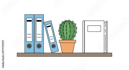 A tidy office shelf featuring light blue binders, a potted green cactus, and white books for organization and decoration.