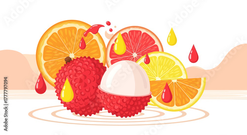 Vibrant Fruit Illustration: Lychee, Citrus Slices, and Colorful Juice Drops in Artistic Display
