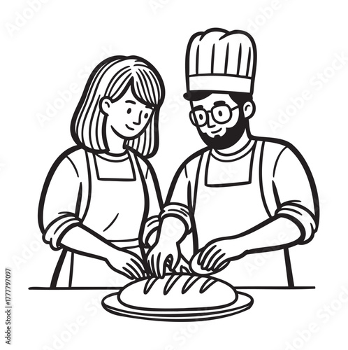 Black and white drawing of a caucasian female and male chef slicing a large loaf of bread together, both wearing aprons and a chef's hat.