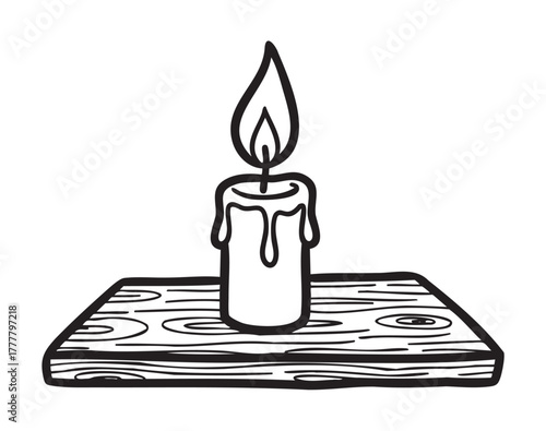 Black and white illustration of a lit candle with wax drippings on a textured wooden plank.
