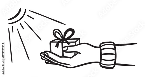 Black and white minimalist line drawing of a hand holding a small, gift-wrapped box, with rays of sunlight shining from the corner.