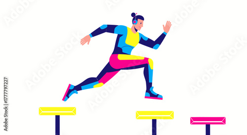 Vibrant Illustrated Athlete Overcoming Obstacles In Colorful Jumpsuit And Sportswear