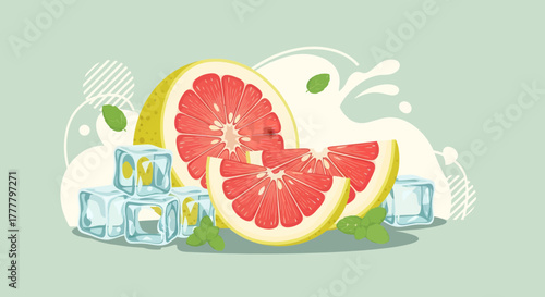 Vibrant Grapefruit Illustration Featuring Ice Cubes and Refreshing Mint Leaves Design