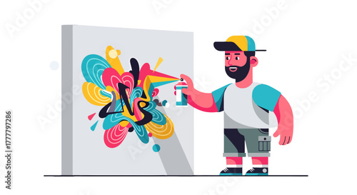 Vibrant Graffiti Artist Creating Abstract Colorful Art with Spray Paint on Canvas